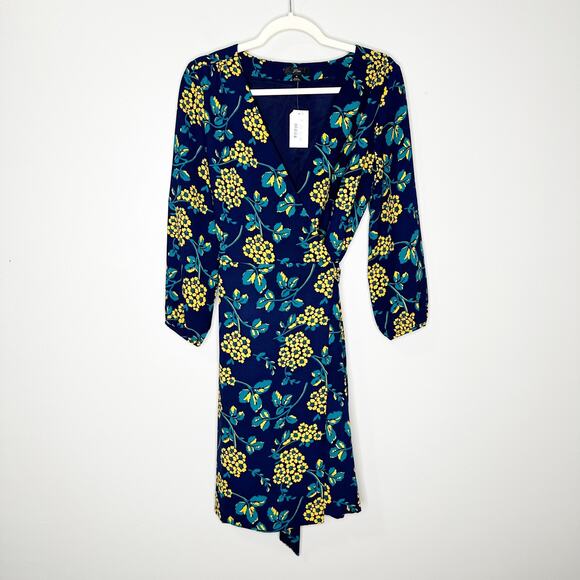 J Crew Blue Golden Floral Wrap Dress in 365 Crepe Size 6 NWT - Picture 2 of 9